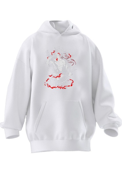 Unisex Premium Pamuk Beyaz Etekli Japon Anime Samuray Baskılı 3 Iplik Kapüşonlu Sweatshirt