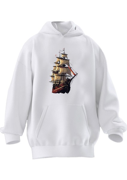 Unisex Premium Pamuk Beyaz Yelkenli Büyük Gemi Baskılı 3 Iplik Kapüşonlu Sweatshirt