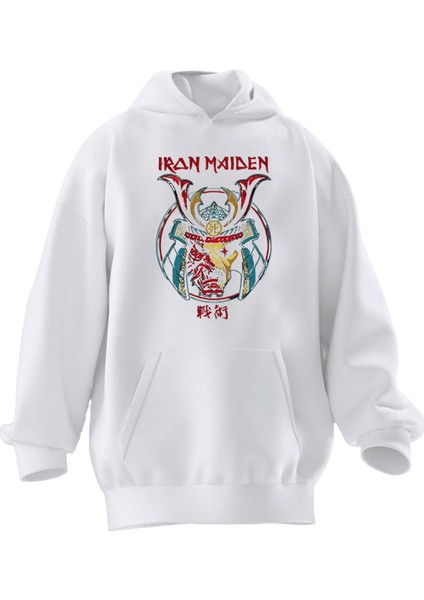Unisex Premium Pamuk Beyaz Iran Maiden Yeşil Kırmızı Baskılı 3 Iplik Kapüşonlu Sweatshirt