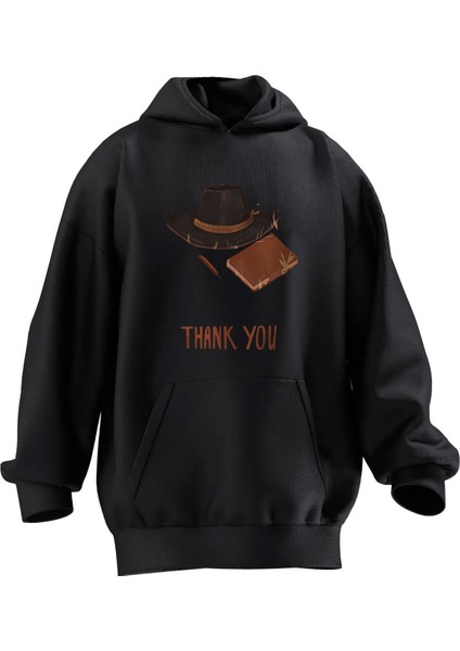 Unisex Premium Pamuk Siyah Thank You Şapka Baskılı 3 Iplik Kapüşonlu Sweatshirt