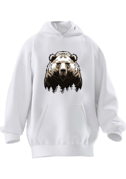 Unisex Premium Pamuk Beyaz Ayı Gölgeler Baskılı 3 Iplik Kapüşonlu Sweatshirt
