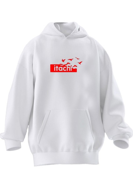 Unisex Premium Pamuk Beyaz Itachi Kuş Baskılı 3 Iplik Kapüşonlu Sweatshirt