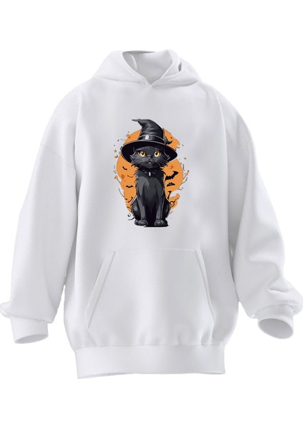 Unisex Premium Pamuk Beyaz Yarasa Kedi Şirin Baskılı 3 Iplik Kapüşonlu Sweatshirt