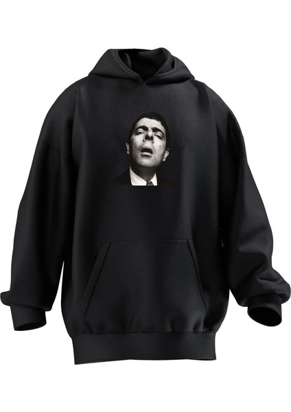 Unisex Premium Pamuk Siyah Mr Bean Baskılı 3 Iplik Kapüşonlu Sweatshirt