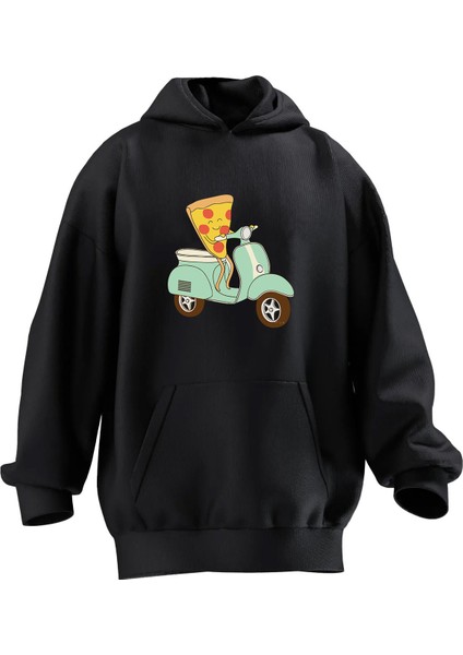 Unisex Premium Pamuk Siyah Pizza Scoter Baskılı 3 Iplik Kapüşonlu Sweatshirt