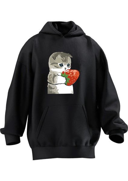 Unisex Premium Pamuk Siyah Çilekli Yavru Kedi Baskılı 3 Iplik Kapüşonlu Sweatshirt