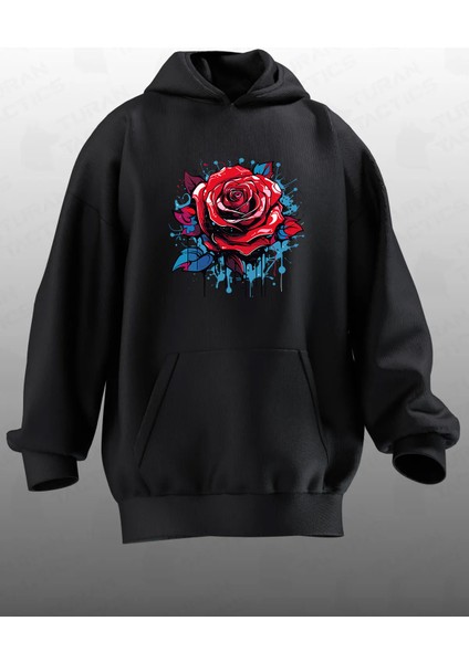 Unisex Premium Pamuk Siyah Boyalı Kırmızı Tek Gül Baskılı 3 Iplik Kapüşonlu Sweatshirt