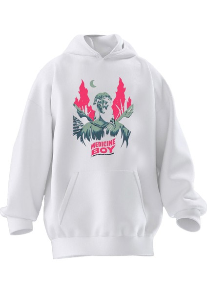 Unisex Premium Pamuk Beyaz Medicine Boy Baskılı 3 Iplik Kapüşonlu Sweatshirt