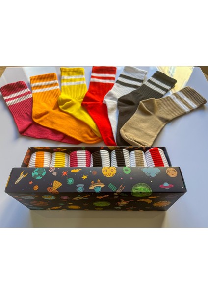 Socks And More Çizgili Soket Kolej Çorabı 7'li Çorap Kutusu Unisex Renkli Çizgili