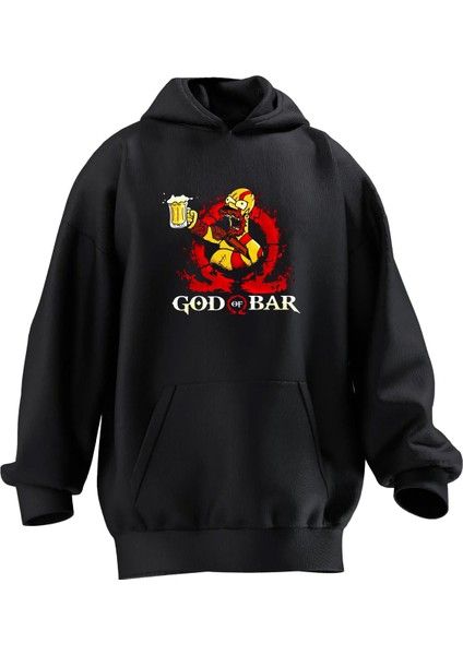 Unisex Premium Pamuk Siyah God Beer Baskılı 3 Iplik Kapüşonlu Sweatshirt