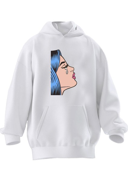Unisex Premium Pamuk Beyaz Ağlayan Mavi Saçlı Kız Baskılı 3 Iplik Kapüşonlu Sweatshirt