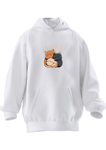 Unisex Premium Pamuk Beyaz Huzurlu Üç Kedi Baskılı 3 Iplik Kapüşonlu Sweatshirt