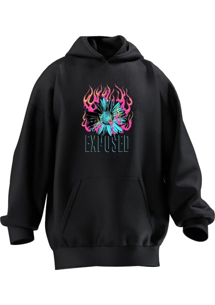 Unisex Premium Pamuk Siyah Exposed Baskılı 3 Iplik Kapüşonlu Sweatshirt