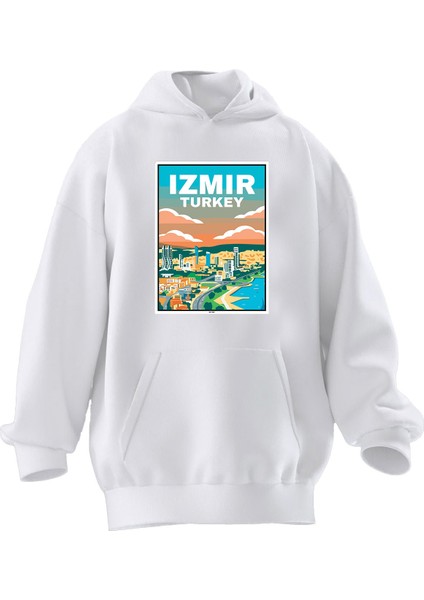 Unisex Premium Pamuk Beyaz Izmir Şehir Poster Baskılı 3 Iplik Kapüşonlu Sweatshirt