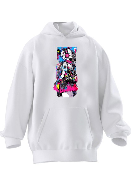 Unisex Premium Pamuk Beyaz Japon Anime Kız Kulaklıklı Rengarenk Baskılı 3 Iplik Kapüşonlu Sweatshirt