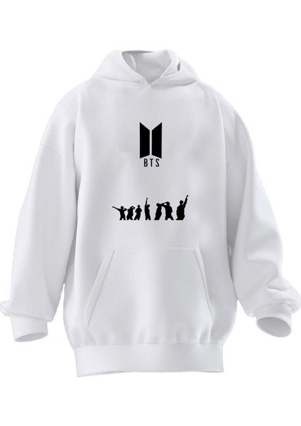 Unisex Premium Pamuk Beyaz Bts Insanlar Baskılı 3 Iplik Kapüşonlu Sweatshirt