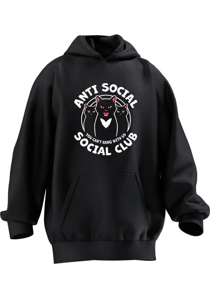 Unisex Premium Pamuk Siyah Anti Social Kedi Baskılı 3 Iplik Kapüşonlu Sweatshirt