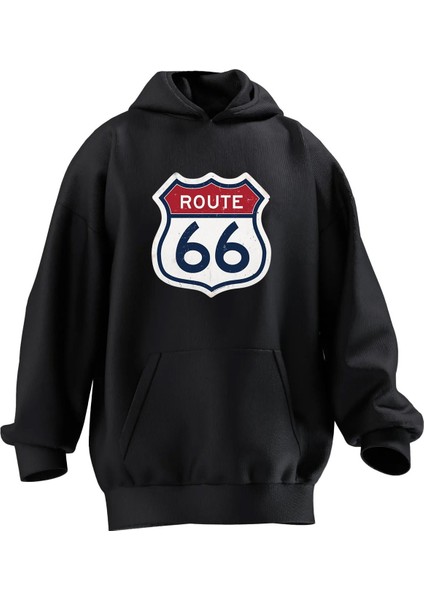 Unisex Premium Pamuk Siyah ROUTE66 Baskılı 3 Iplik Kapüşonlu Sweatshirt
