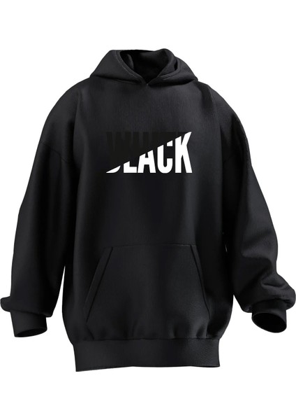 Unisex Premium Pamuk Siyah White Black Baskılı 3 Iplik Kapüşonlu Sweatshirt