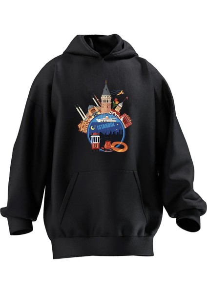 Unisex Premium Pamuk Siyah Istanbul Poster Çizim Baskılı 3 Iplik Kapüşonlu Sweatshirt