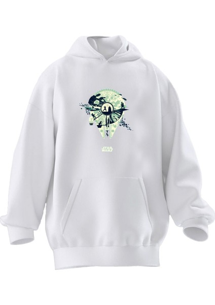 Unisex Premium Pamuk Beyaz Wars Desen Baskılı 3 Iplik Kapüşonlu Sweatshirt