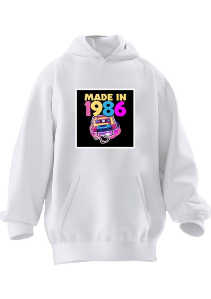Unisex Premium Pamuk Beyaz Made In 1986 Baskılı 3 Iplik Kapüşonlu Sweatshirt
