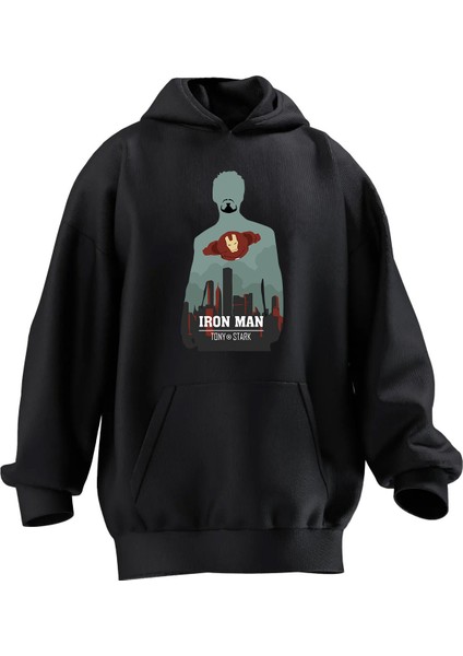 Unisex Premium Pamuk Siyah Iron Man Tony Baskılı 3 Iplik Kapüşonlu Sweatshirt