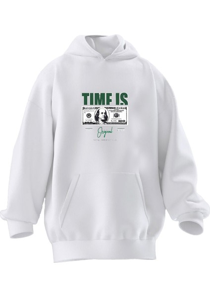 Unisex Premium Pamuk Beyaz Times Dolar Baskılı 3 Iplik Kapüşonlu Sweatshirt