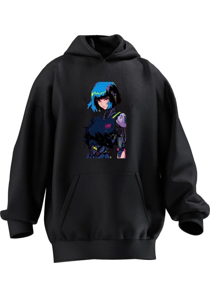 Unisex Premium Pamuk Siyah Phantom Liberty Baskılı 3 Iplik Kapüşonlu Sweatshirt