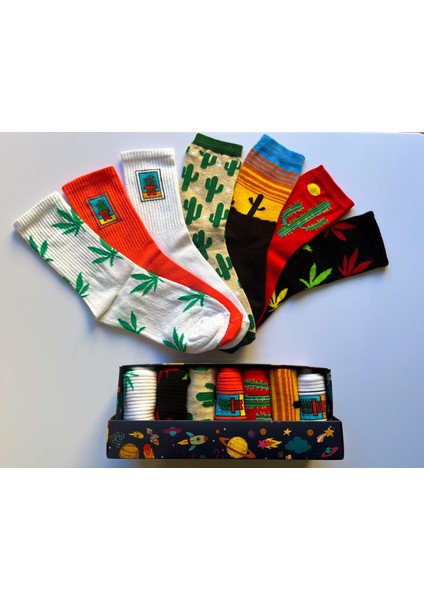 Socks And More Kaktüs Bitki Desenli Renkli 7'li Çorap Kutusu Unisex Renkli