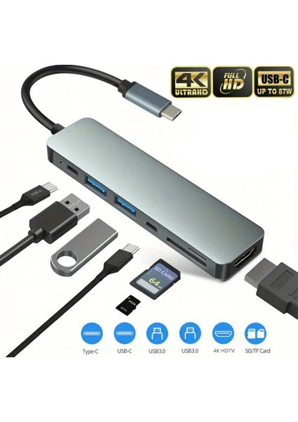 Fxn-07 4K 7 In 1 Type-C Macbook Samsung Hp HDMI USB Pd Sd/tf Kart Okuyucu Hub Çevirici Adaptör