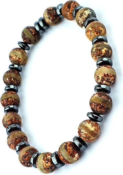 Tibet Akik ve Hematit Taşlı Tasarım Doğal Taş Bileklik