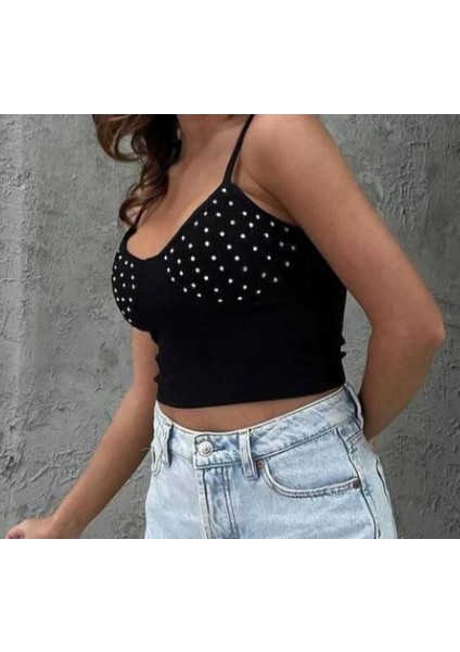 Kadın Siyah Göğüs Taşlı Askılı Crop Ottoman Kumaş fiyatları