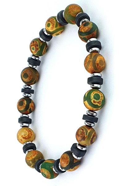 Tibet Akik ve Hematit Taşlı Tasarım Doğal Taş Bileklik