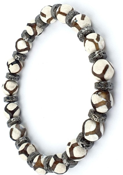 Tibet Akik ve Hematit Taşlı Tasarım Doğal Taş Bileklik