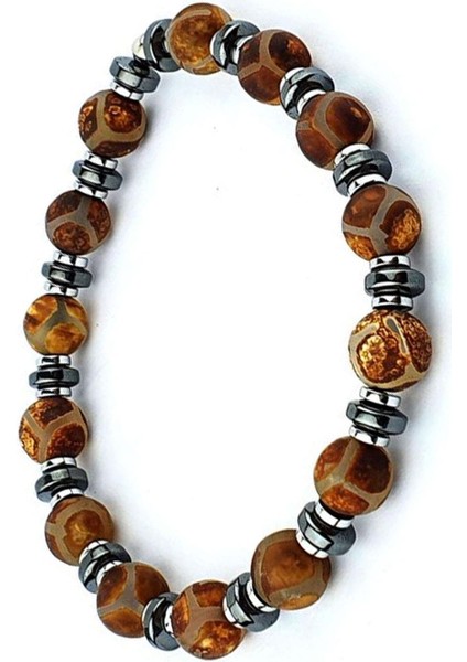 Tibet Akik ve Hematit Taşlı Tasarım Doğal Taş Bileklik