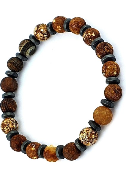 Tibet Akik ve Hematit Taşlı Tasarım Doğal Taş Bileklik