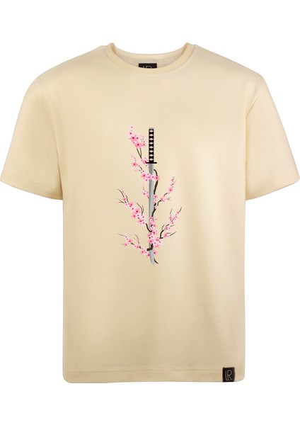 Unisex Kısa Kollu Tshirt Nakışlı Işlemli Sakura Katana Erkek - Kadın Bej Rahat Kesim