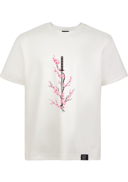 Unisex Kısa Kollu Tshirt Nakışlı Işlemli Sakura Katana Erkek - Kadın Beyaz Rahat Kesim