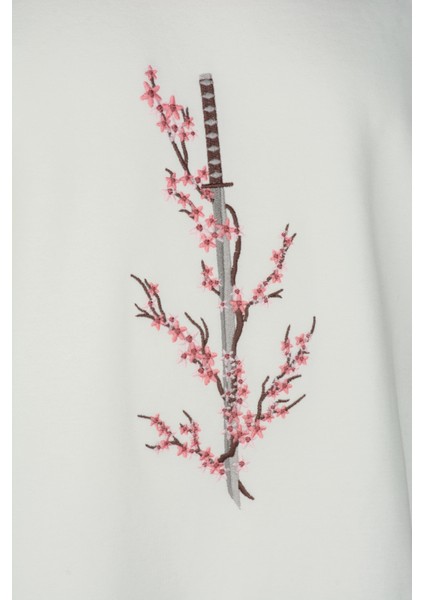 Unisex Kısa Kollu Tshirt Nakışlı Işlemli Sakura Katana Erkek - Kadın Beyaz Rahat Kesim