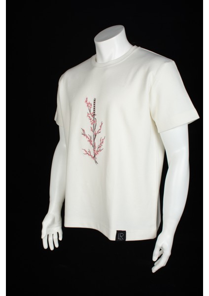 Unisex Kısa Kollu Tshirt Nakışlı Işlemli Sakura Katana Erkek - Kadın Beyaz Rahat Kesim