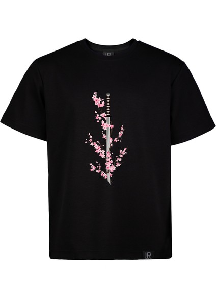 Unisex Kısa Kollu Tshirt Nakışlı Işlemli Sakura Katana Erkek - Kadın Siyah Rahat Kesim
