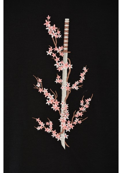 Unisex Kısa Kollu Tshirt Nakışlı Işlemli Sakura Katana Erkek - Kadın Siyah Rahat Kesim