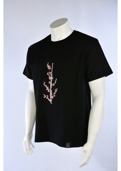 Unisex Kısa Kollu Tshirt Nakışlı Işlemli Sakura Katana Erkek - Kadın Siyah Rahat Kesim