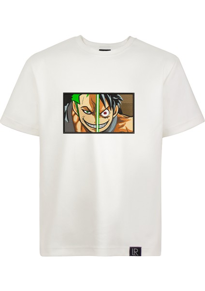 Erkek Bisiklet Yaka Beyaz Pamuklu Tişört One Piece Anime Nakışlı Işlemli T-Shirt