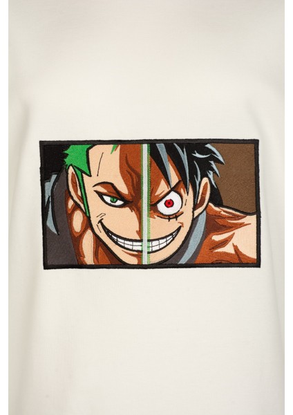 Erkek Bisiklet Yaka Beyaz Pamuklu Tişört One Piece Anime Nakışlı Işlemli T-Shirt