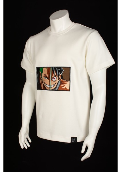 Erkek Bisiklet Yaka Beyaz Pamuklu Tişört One Piece Anime Nakışlı Işlemli T-Shirt