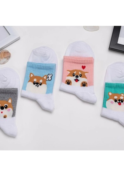 4'lü Shiba Inu Yavru Köpek Desenli Kolej Çorap Seti