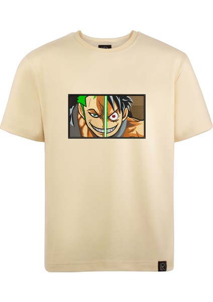 Erkek Bisiklet Yaka Bej Pamuklu Tişört One Piece Anime Nakışlı Işlemli T-Shirt