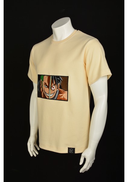 Erkek Bisiklet Yaka Bej Pamuklu Tişört One Piece Anime Nakışlı Işlemli T-Shirt